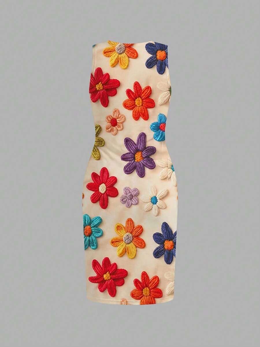 Tween girls sleeveless ditsy floral tank dress featuring a round neckline, slim fit silhouette, and side split hem.