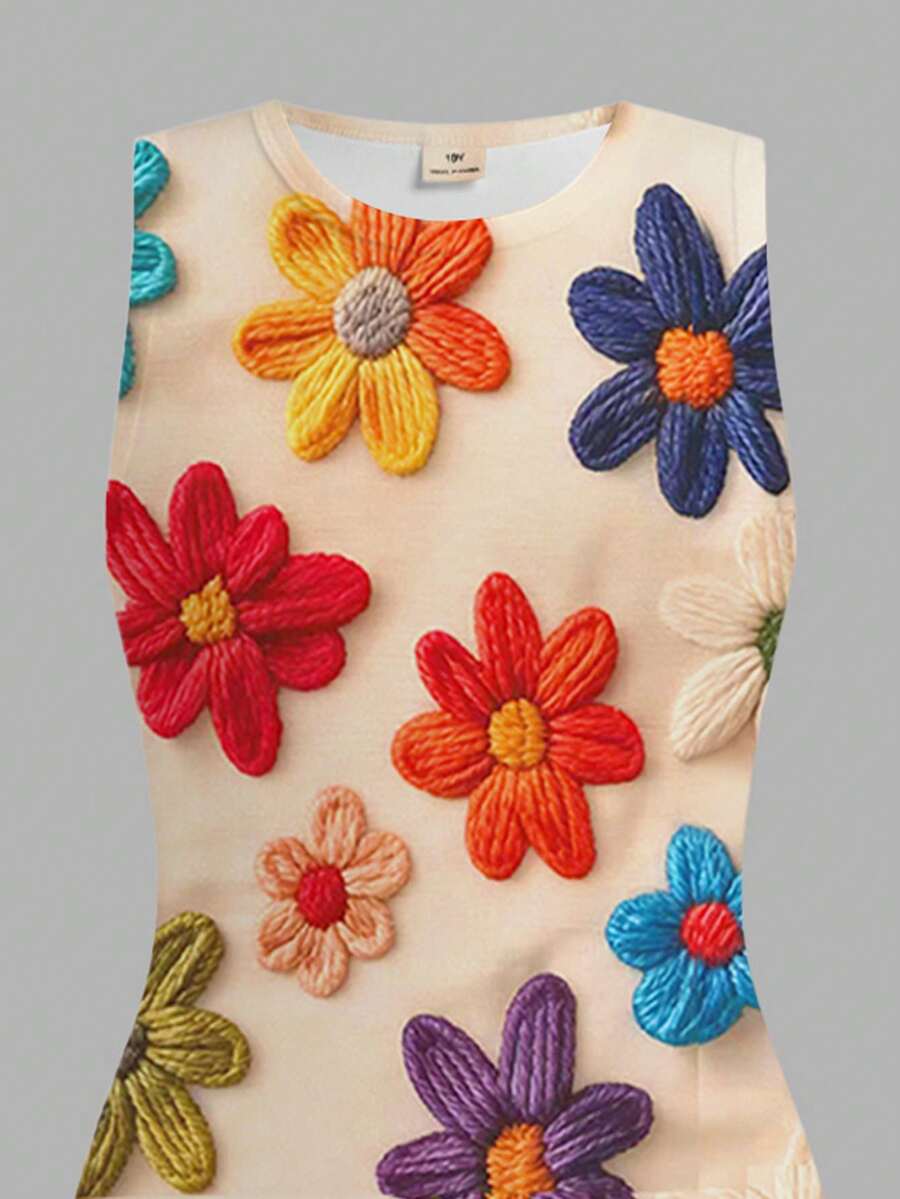 Tween girls sleeveless ditsy floral tank dress featuring a round neckline, slim fit silhouette, and side split hem.