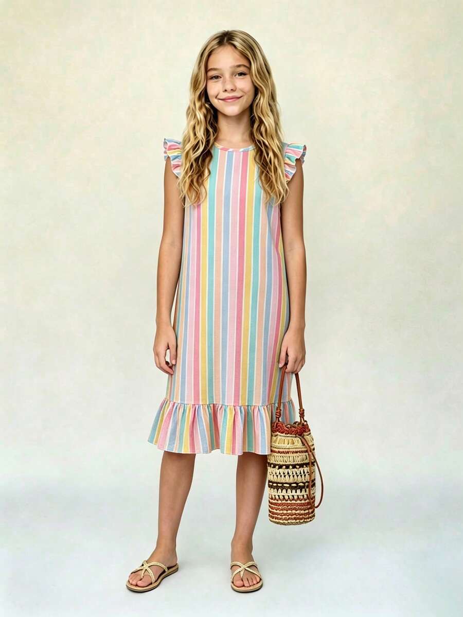 Tween girls apricot vacation midi dress featuring a round neck, cut out details, ruffle flounce accents, and geometric pattern.