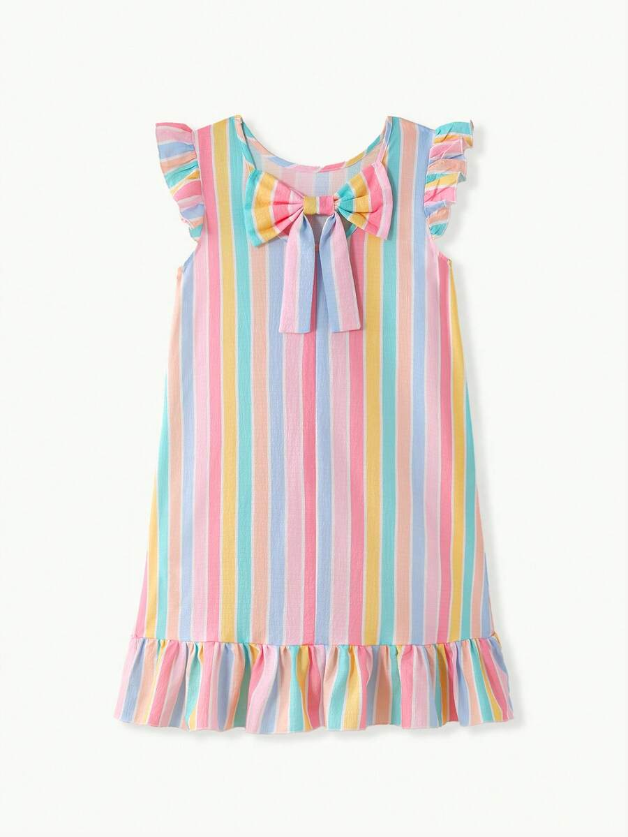 Tween girls apricot vacation midi dress featuring a round neck, cut out details, ruffle flounce accents, and geometric pattern.