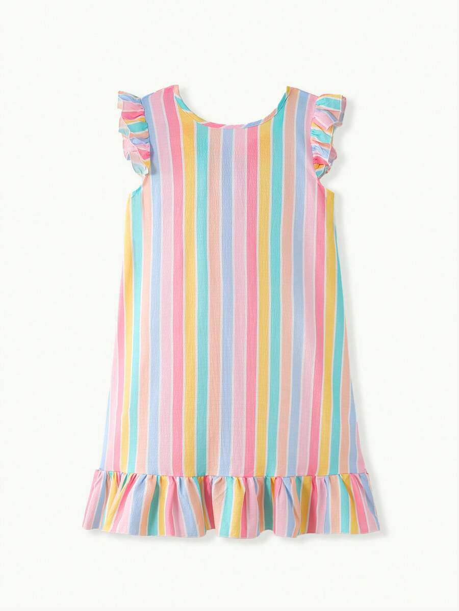 Tween girls apricot vacation midi dress featuring a round neck, cut out details, ruffle flounce accents, and geometric pattern.