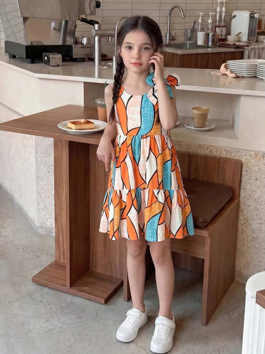 Tween girls blue striped sleeveless smock dress featuring a round neckline, high waist, and flounce ruffle hem.