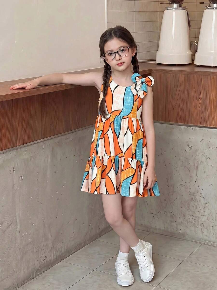 Tween girls blue striped sleeveless smock dress featuring a round neckline, high waist, and flounce ruffle hem.