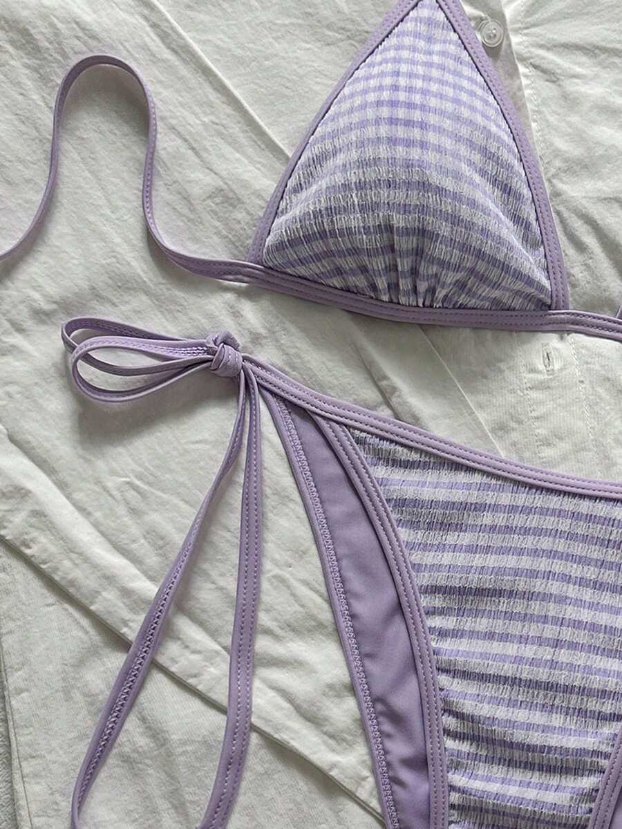 Women's apricot solid halter tie bikini top with triangle cups and matching tie-side swimsuit bottoms.
