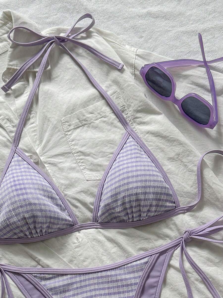 Women's apricot solid halter tie bikini top with triangle cups and matching tie-side swimsuit bottoms.