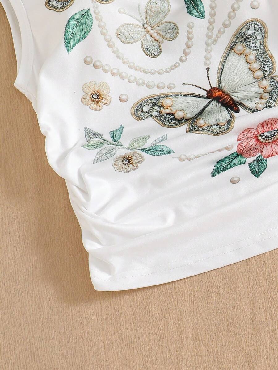 Light blue two-piece outfit set for tween girls with a sleeveless round neck vest top and a tiered ruffle cake skirt featuring a plant pattern.