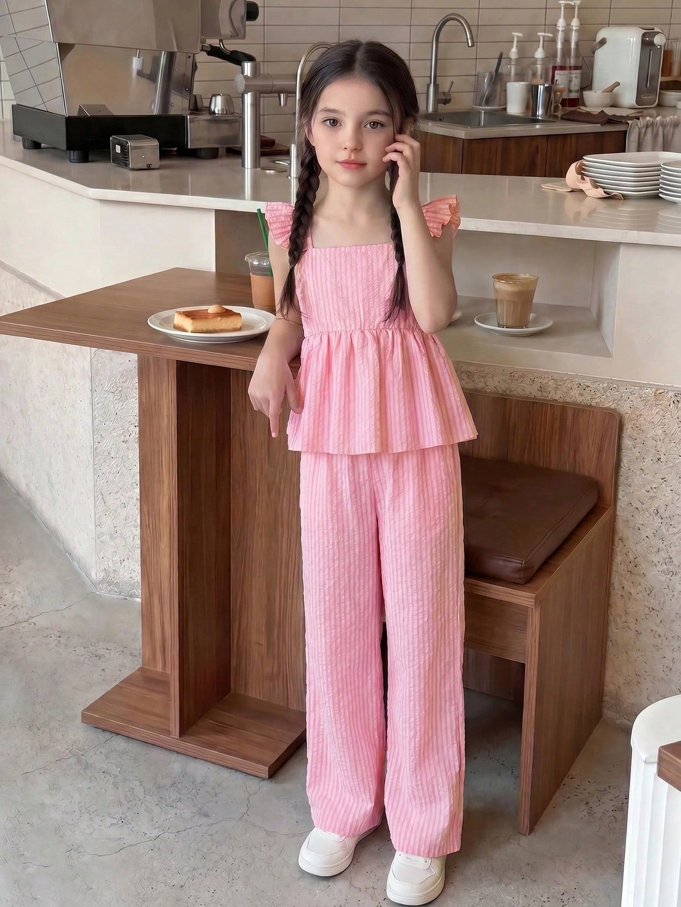 Tween girl wearing an apricot 2-piece outfit set featuring a shirred spaghetti strap short cami top and matching wide-leg long pants.