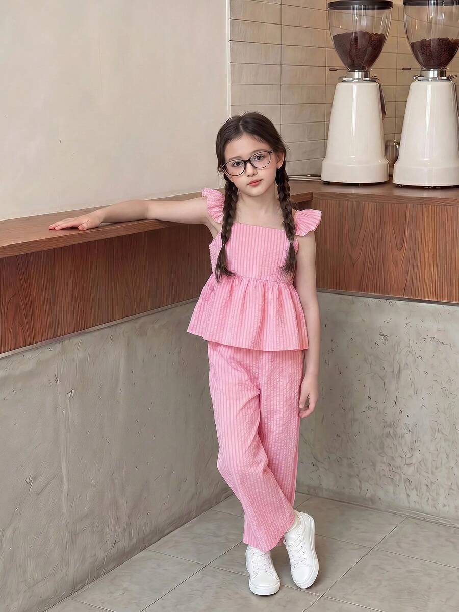 Tween girl wearing an apricot 2-piece outfit set featuring a shirred spaghetti strap short cami top and matching wide-leg long pants.