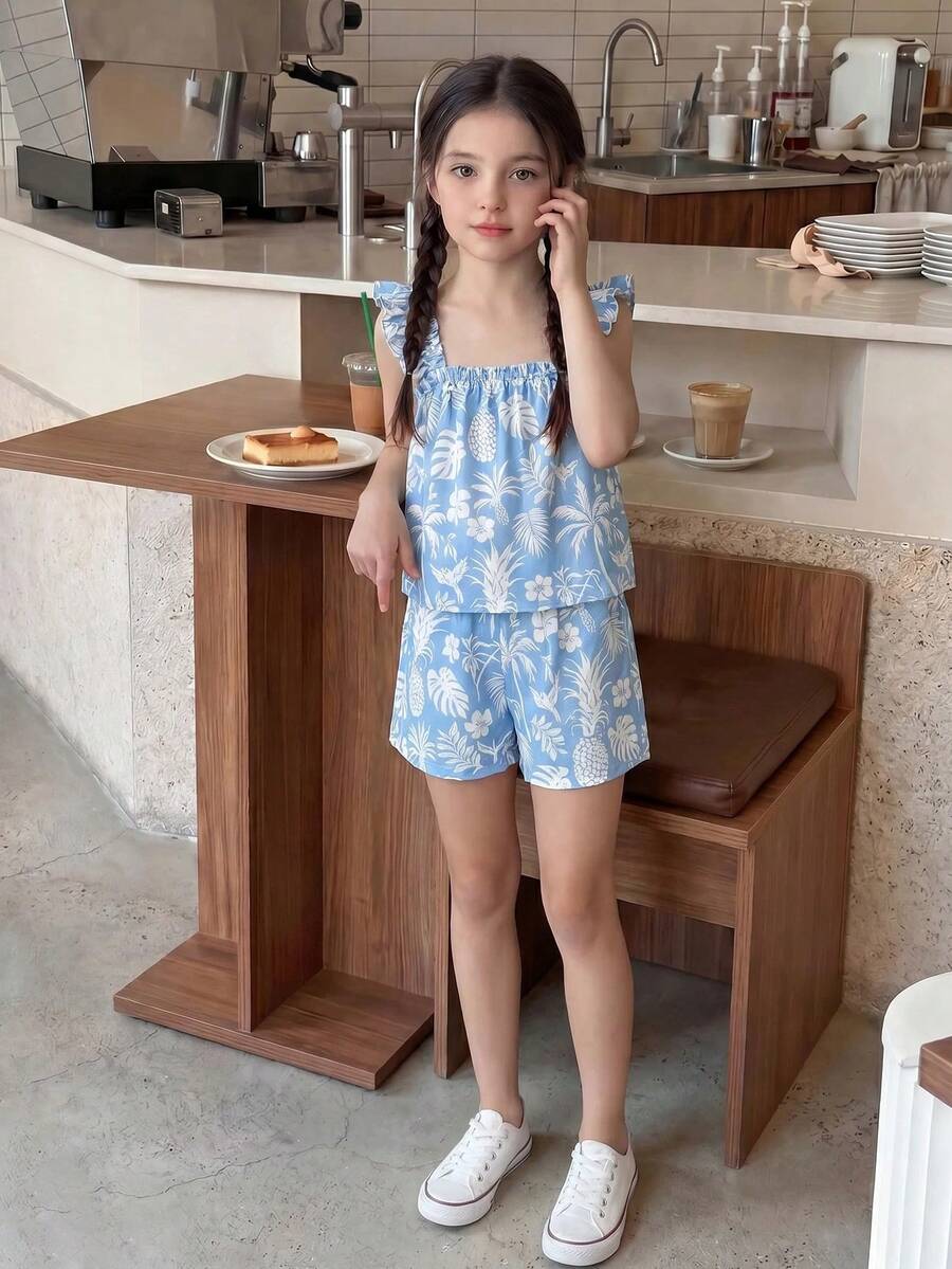 Tween girl wearing a blue and white striped sleeveless top featuring embroidery details and ruffle trim with matching shorts.