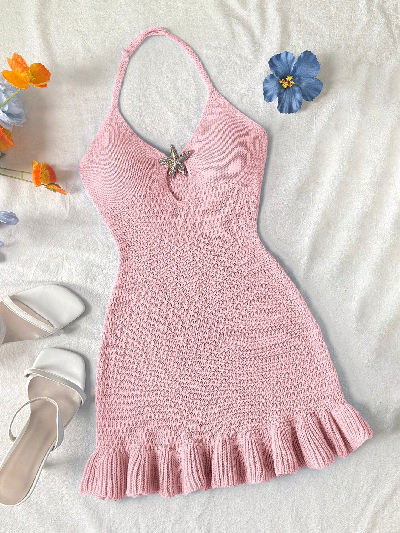 Tween girls long sleeveless halter cover-up dress with ruffle detail, plain fitted design, semi-sheer fabric, and metal starfish decoration.