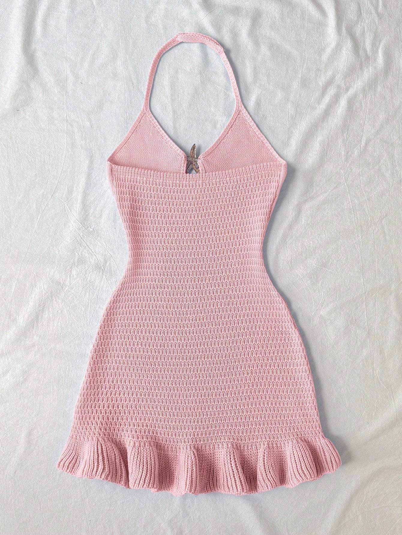 Tween girls long sleeveless halter cover-up dress with ruffle detail, plain fitted design, semi-sheer fabric, and metal starfish decoration.