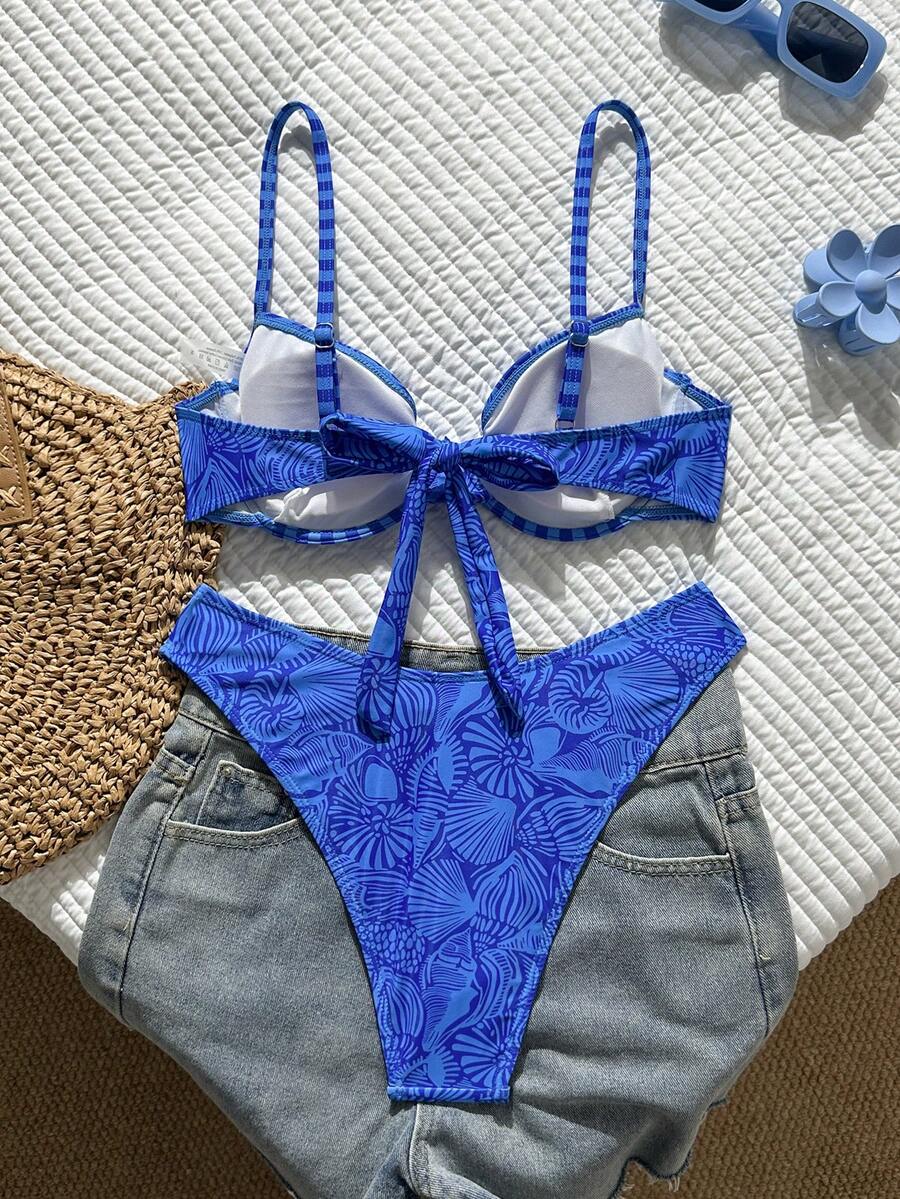 Multicolor plaid 2-piece bikini set for women featuring a push-up spaghetti strap top with removable padding, knot tie-back detail, and high-cut low-waist bikini bottoms.
