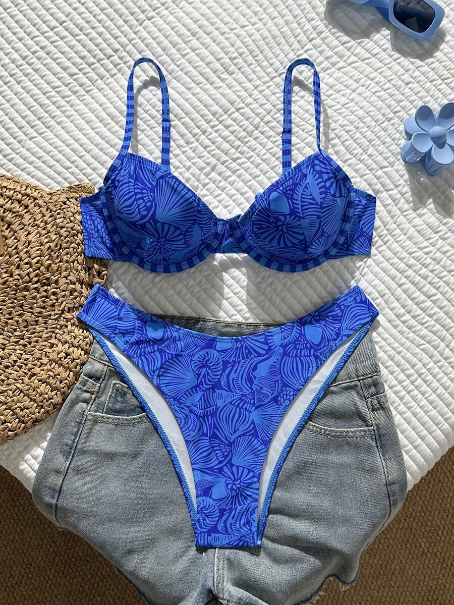 Multicolor plaid 2-piece bikini set for women featuring a push-up spaghetti strap top with removable padding, knot tie-back detail, and high-cut low-waist bikini bottoms.
