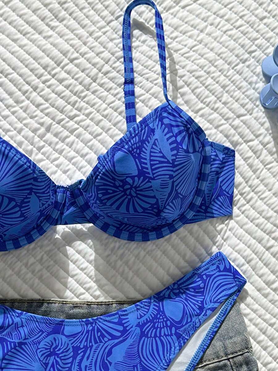 Multicolor plaid 2-piece bikini set for women featuring a push-up spaghetti strap top with removable padding, knot tie-back detail, and high-cut low-waist bikini bottoms.
