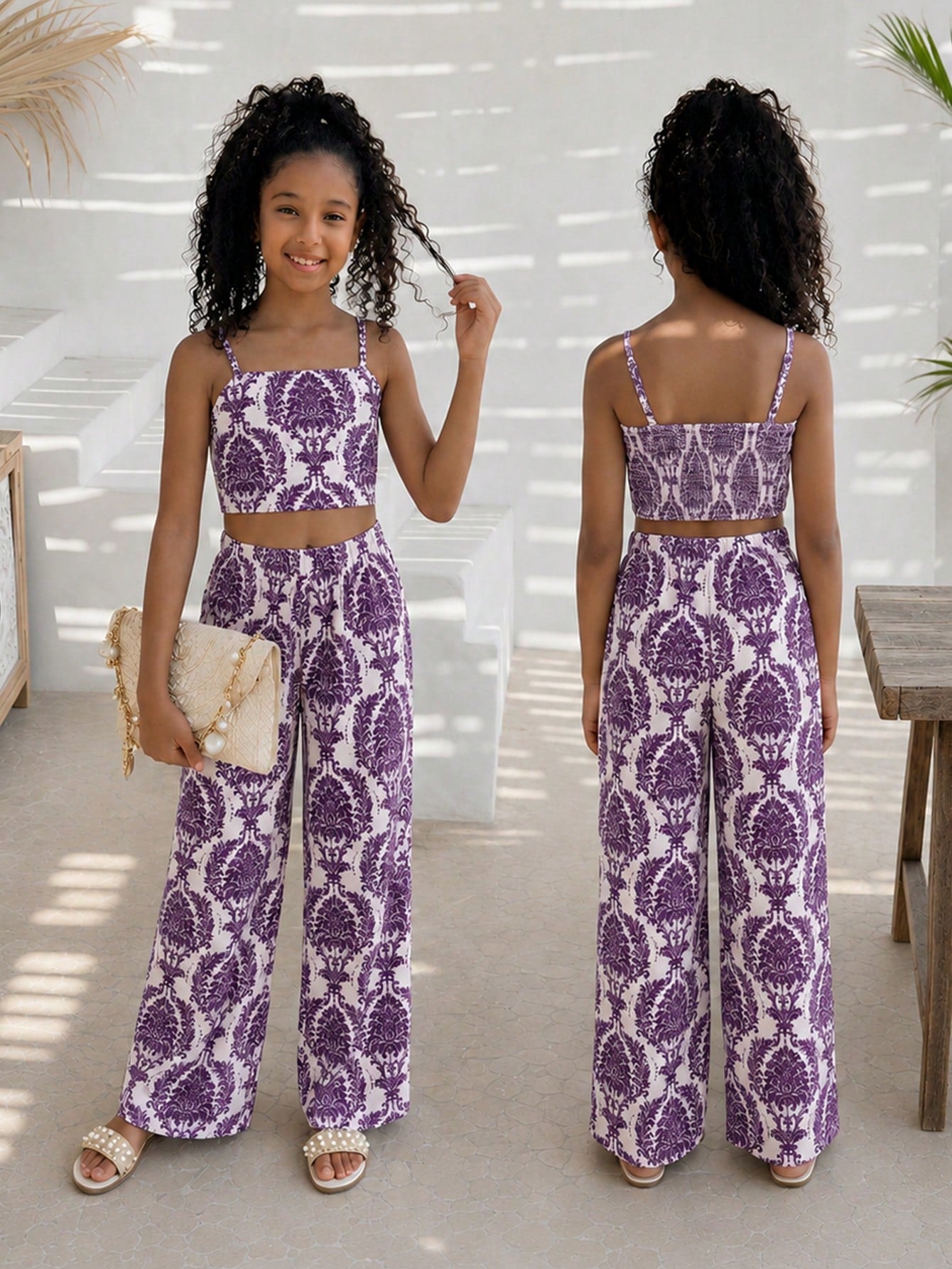 Tween girls casual 2-piece set featuring an apricot woven camisole crop top with back shirring and matching high-waisted loose long pants.