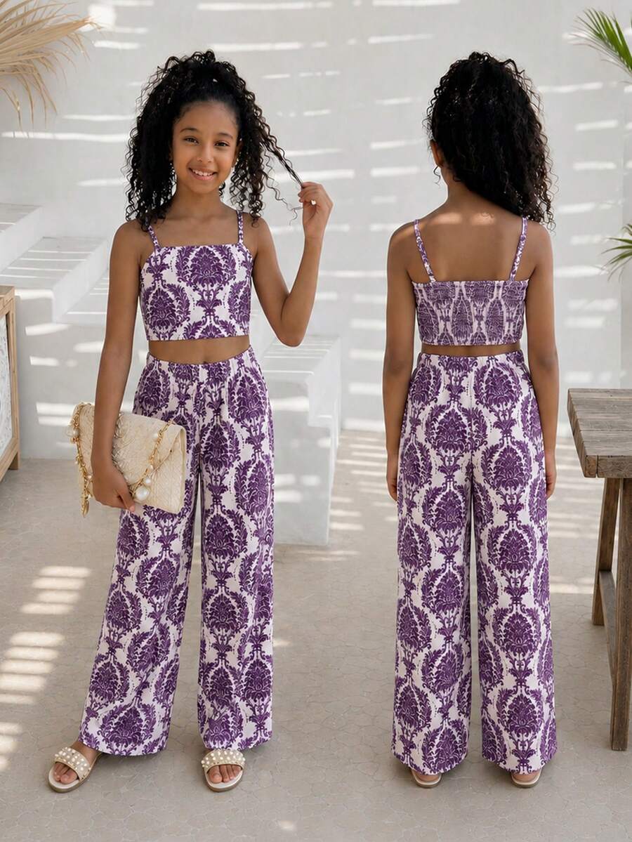 Tween girls casual 2-piece set featuring an apricot woven camisole crop top with back shirring and matching high-waisted loose long pants.
