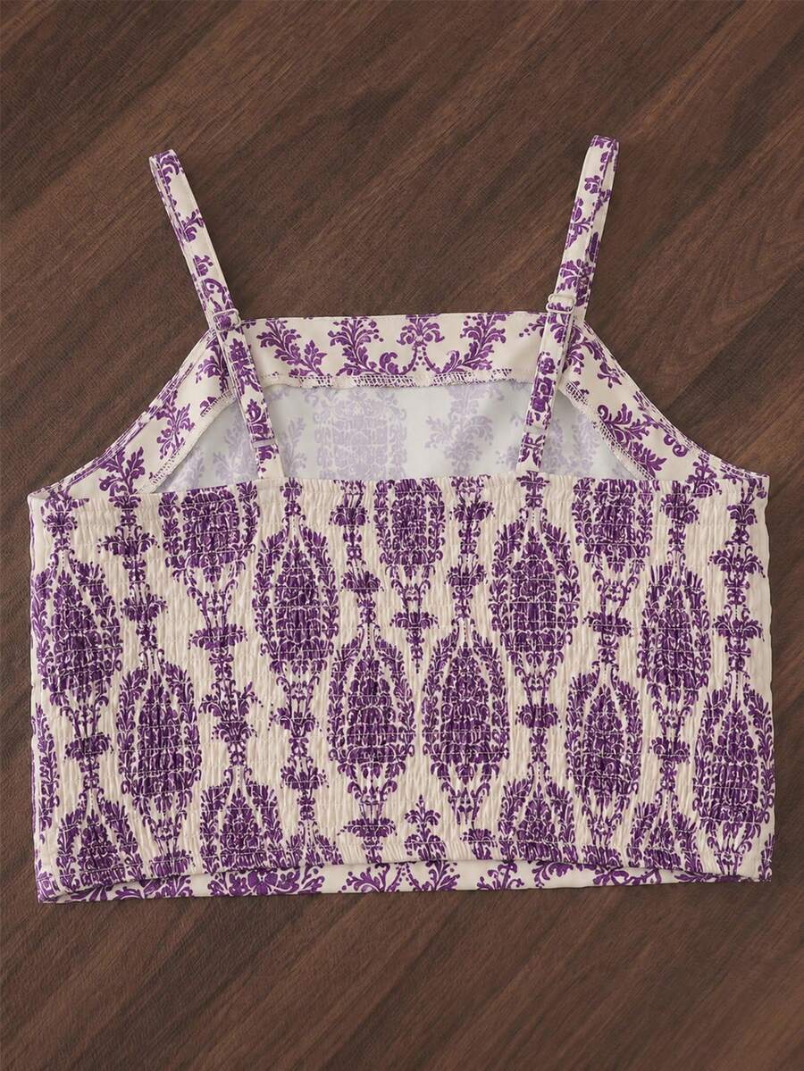 Tween girls casual 2-piece set featuring an apricot woven camisole crop top with back shirring and matching high-waisted loose long pants.