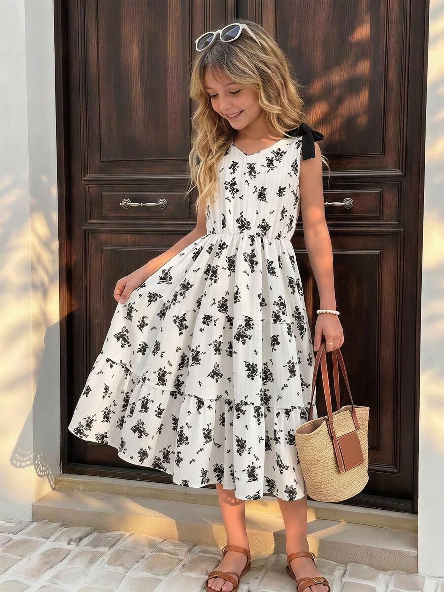 Girls sleeveless blue tiered dress featuring a V-neckline, high waist, and A-line skirt.