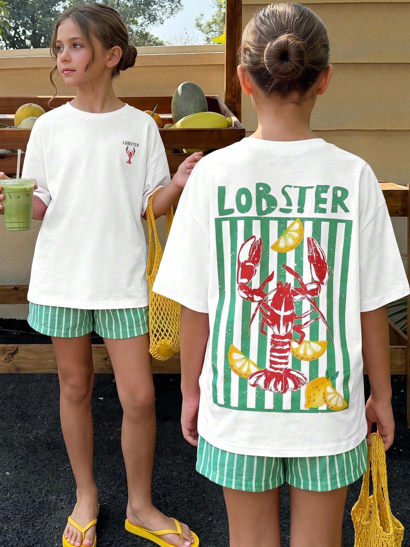 Tween girl wearing a black and white striped drop-shoulder crew neck t-shirt with bow embroidery paired with matching tie-waist shorts.