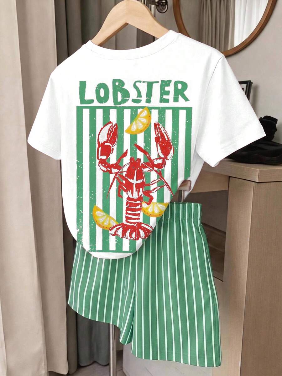 Tween girl wearing a black and white striped drop-shoulder crew neck t-shirt with bow embroidery paired with matching tie-waist shorts.