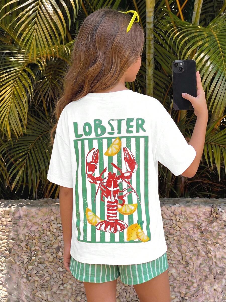 Tween girl wearing a black and white striped drop-shoulder crew neck t-shirt with bow embroidery paired with matching tie-waist shorts.