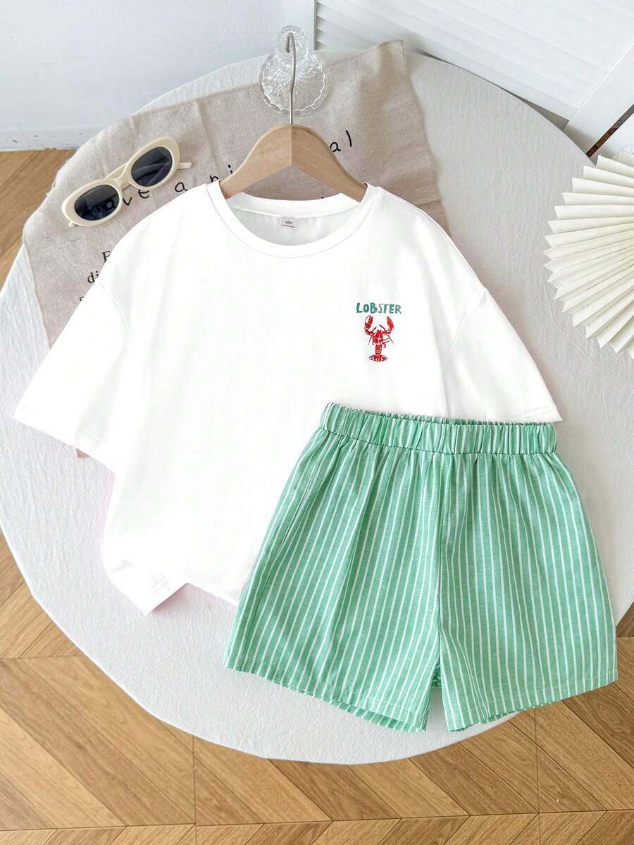 Tween girl wearing a black and white striped drop-shoulder crew neck t-shirt with bow embroidery paired with matching tie-waist shorts.