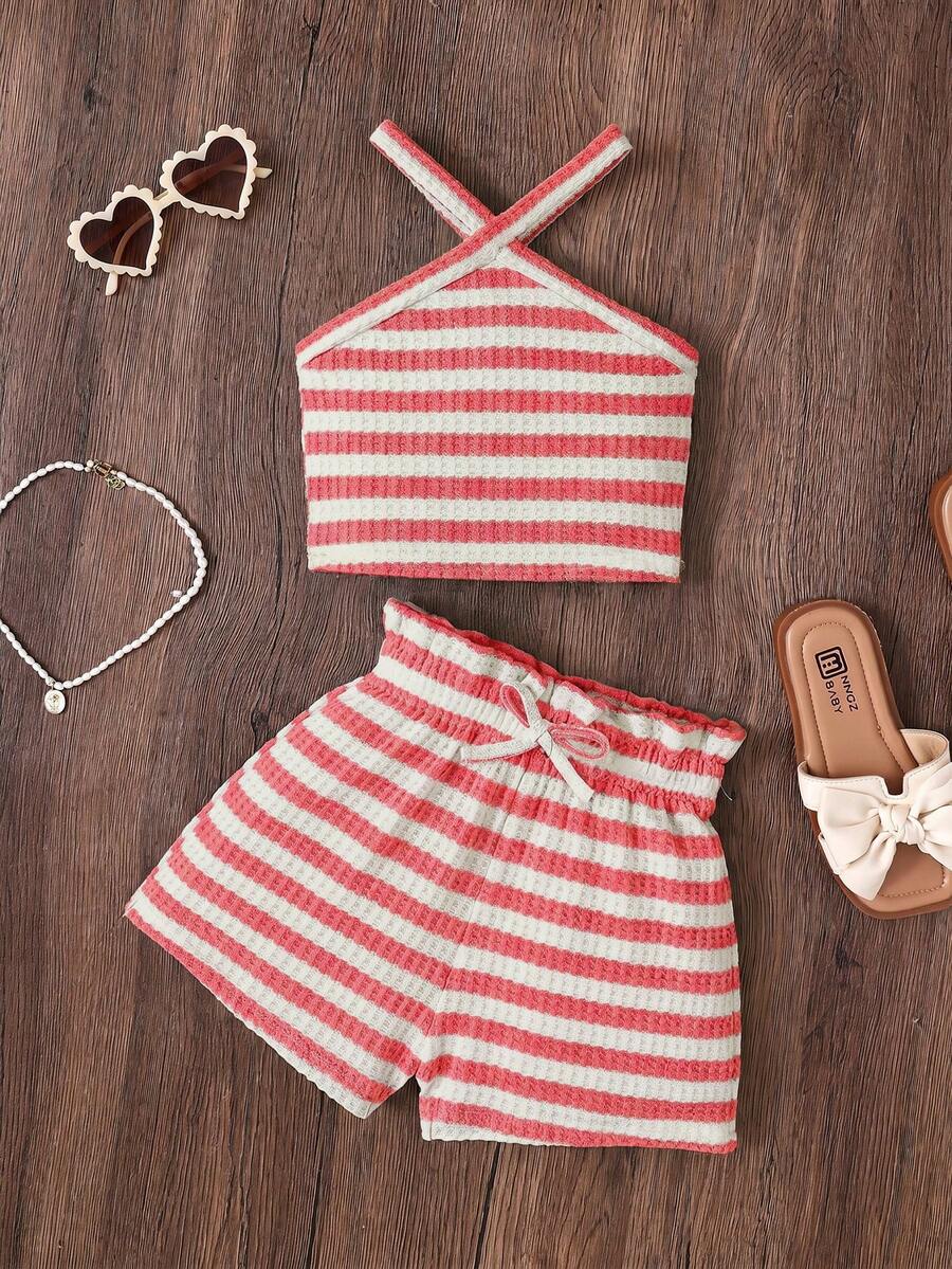 Tween girl 2-piece casual outfit set featuring a solid beige knit halter sleeveless top with belted detail and matching shorts.