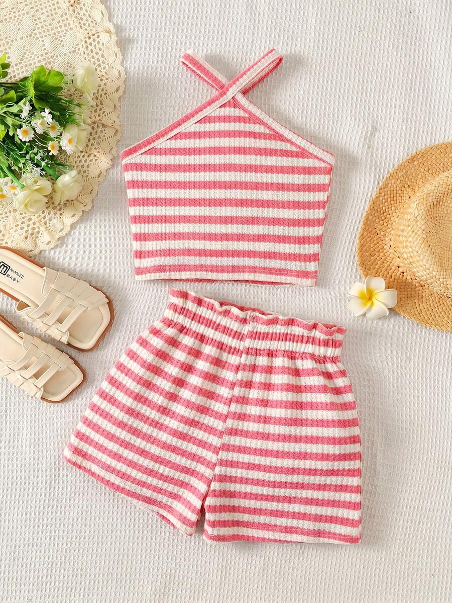 Tween girl 2-piece casual outfit set featuring a solid beige knit halter sleeveless top with belted detail and matching shorts.