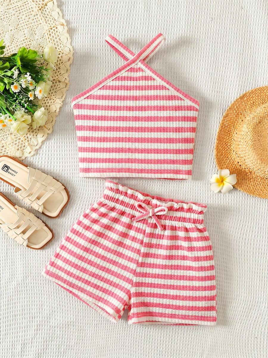 Tween girl 2-piece casual outfit set featuring a solid beige knit halter sleeveless top with belted detail and matching shorts.