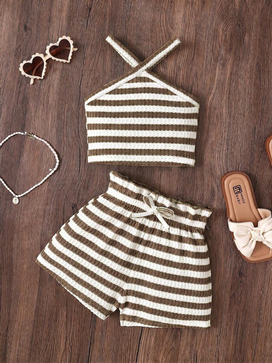 Tween girl 2-piece casual outfit set featuring a solid beige knit halter sleeveless top with belted detail and matching shorts.