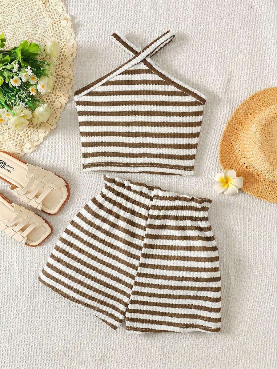 Tween girl 2-piece casual outfit set featuring a solid beige knit halter sleeveless top with belted detail and matching shorts.