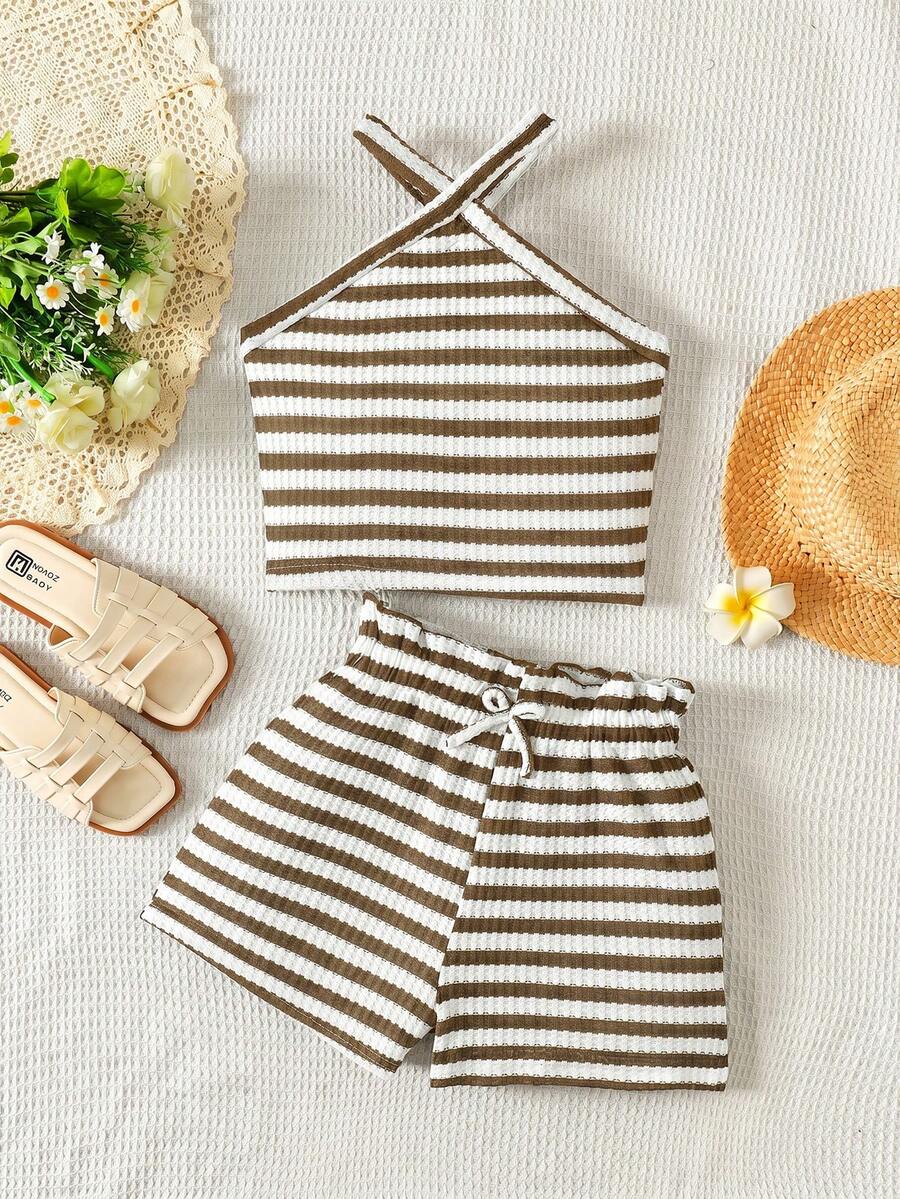 Tween girl 2-piece casual outfit set featuring a solid beige knit halter sleeveless top with belted detail and matching shorts.