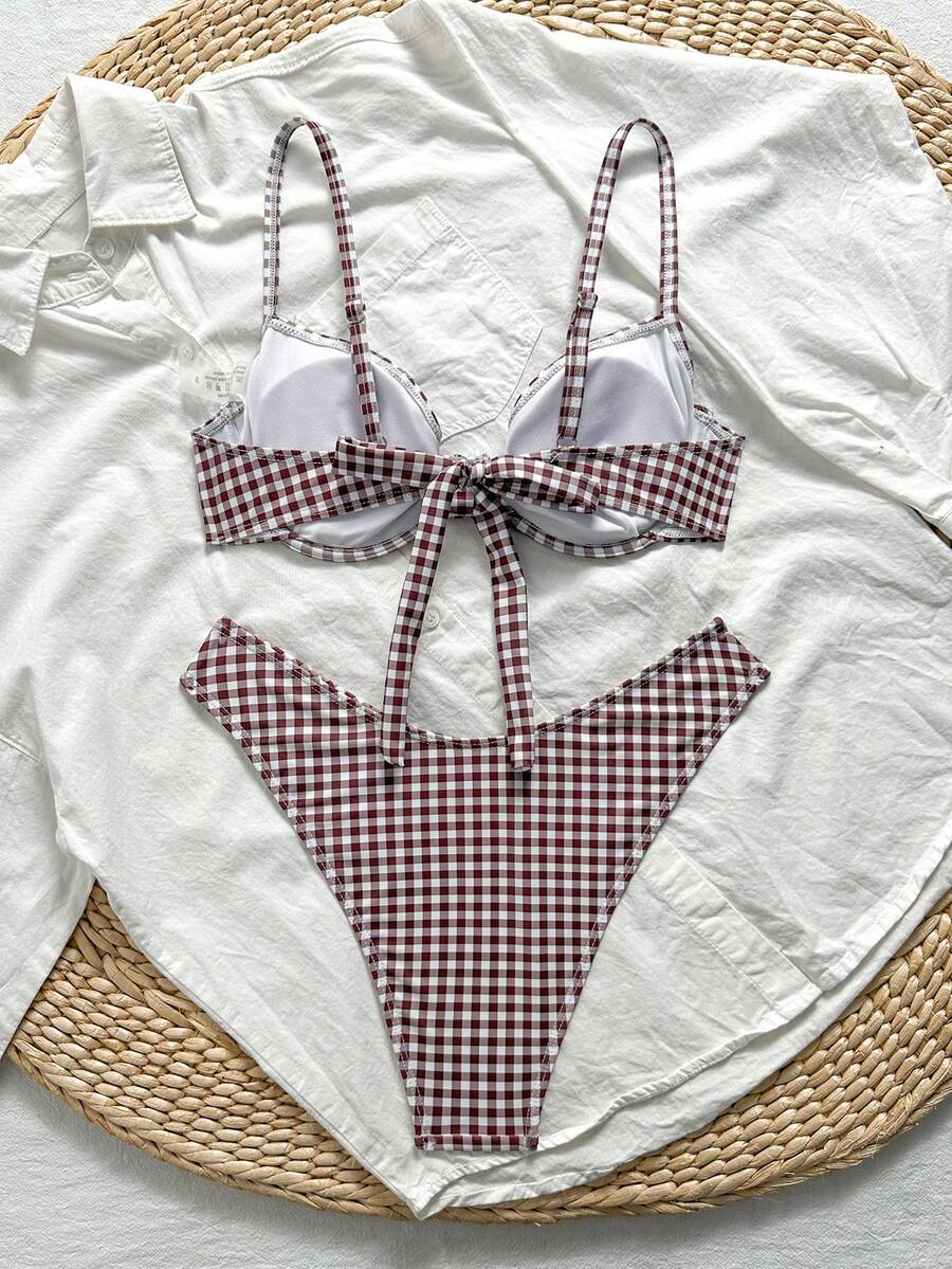 Multicolor plaid 2-piece bikini set for women featuring a push-up spaghetti strap top with removable padding, knot tie-back detail, and high-cut low-waist bikini bottoms.
