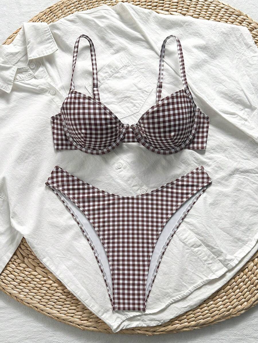 Multicolor plaid 2-piece bikini set for women featuring a push-up spaghetti strap top with removable padding, knot tie-back detail, and high-cut low-waist bikini bottoms.