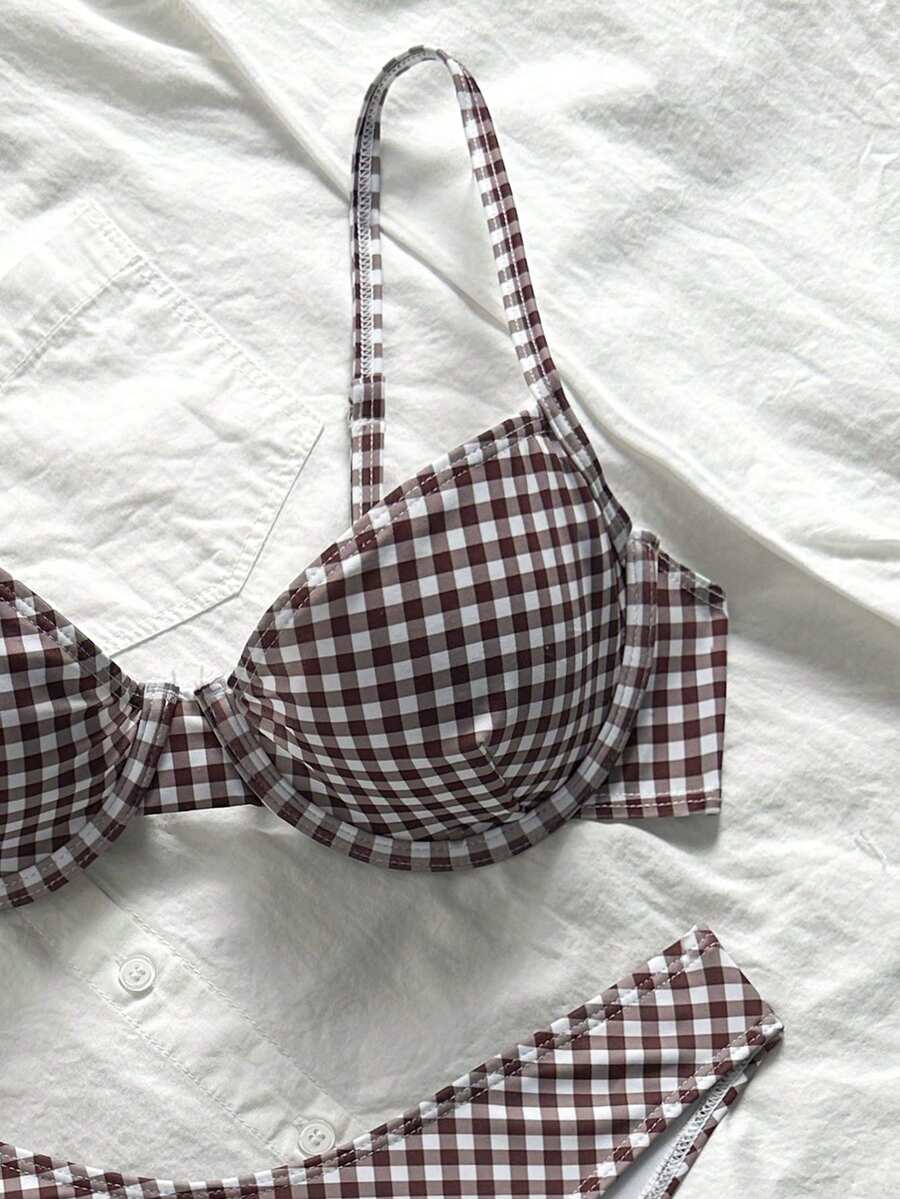 Multicolor plaid 2-piece bikini set for women featuring a push-up spaghetti strap top with removable padding, knot tie-back detail, and high-cut low-waist bikini bottoms.