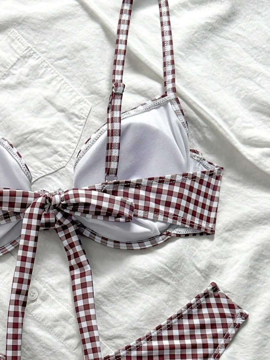 Multicolor plaid 2-piece bikini set for women featuring a push-up spaghetti strap top with removable padding, knot tie-back detail, and high-cut low-waist bikini bottoms.
