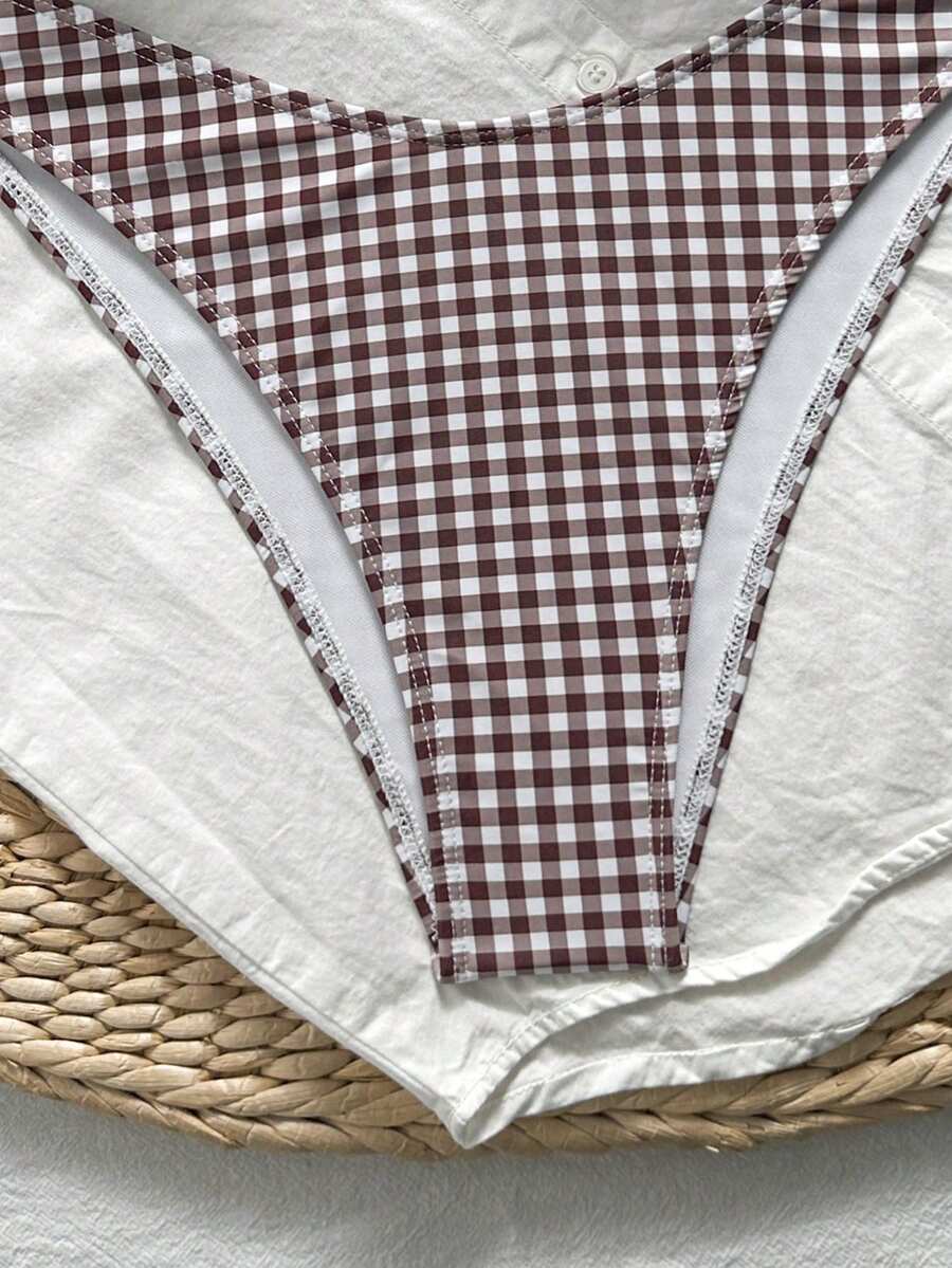Multicolor plaid 2-piece bikini set for women featuring a push-up spaghetti strap top with removable padding, knot tie-back detail, and high-cut low-waist bikini bottoms.