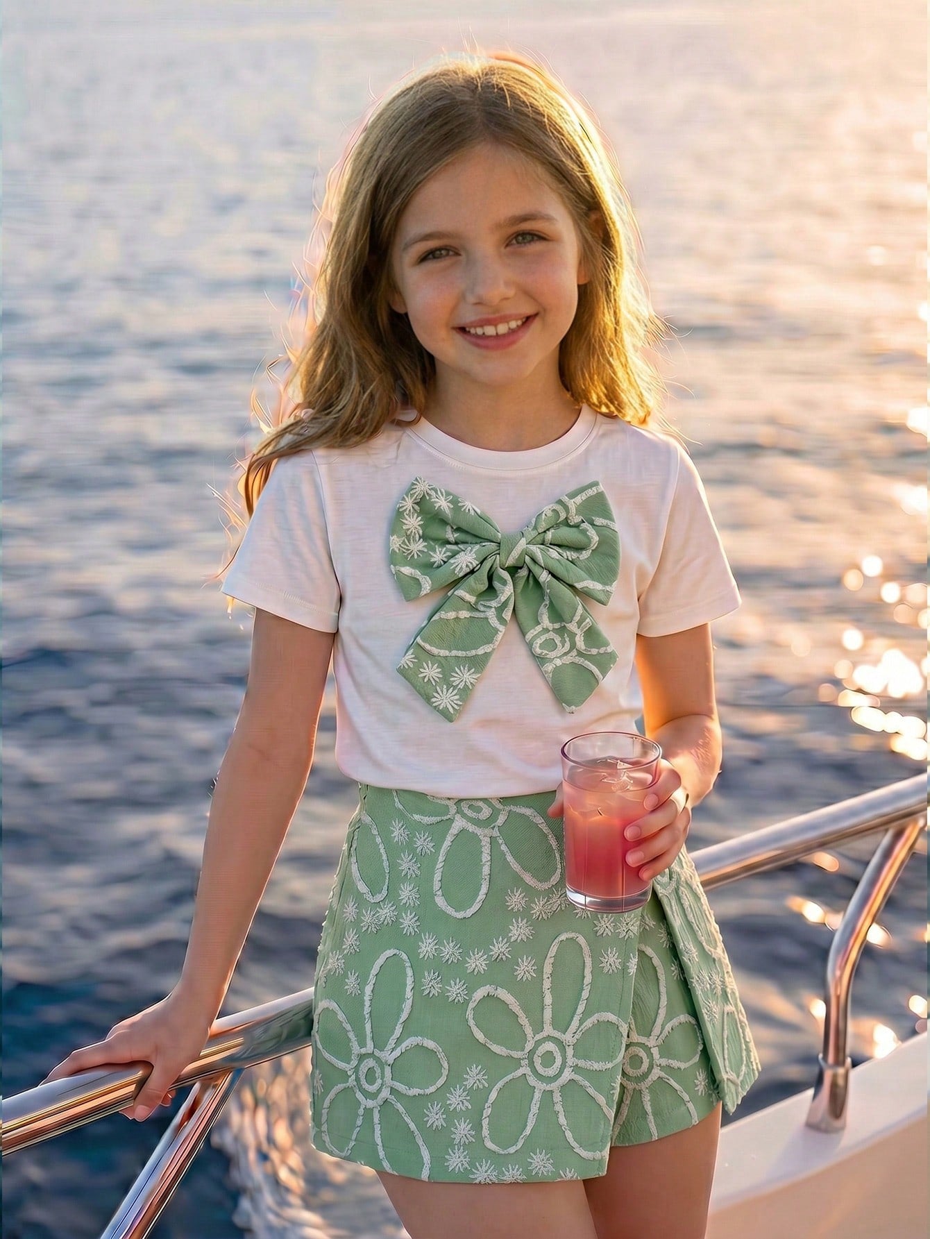 Tween girls 2-piece blue outfit featuring a short sleeve round neck t-shirt with a bow front detail and an asymmetric wrap skort.