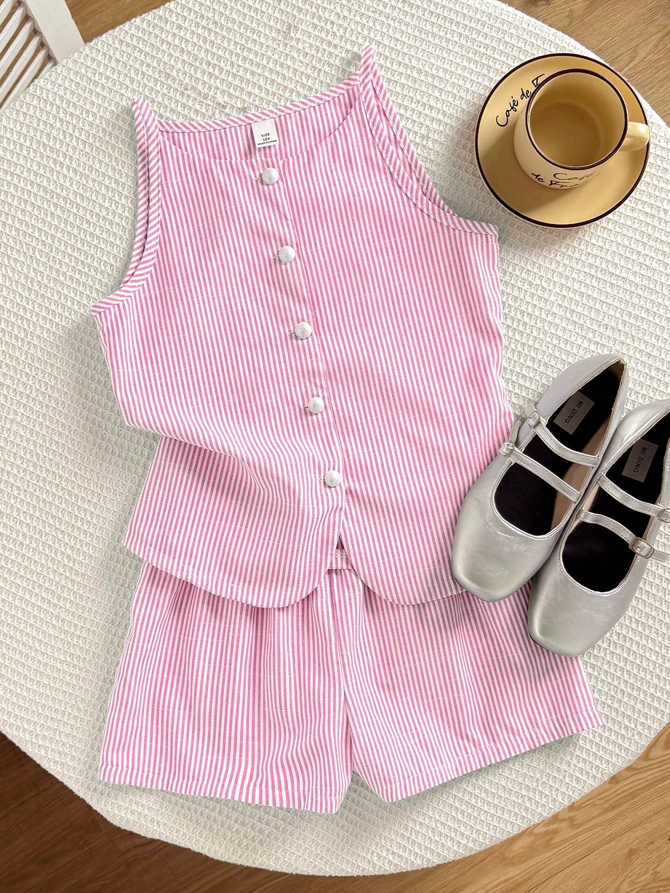 Tween girls apricot striped knit camisole top with button front paired with matching casual elastic waist shorts