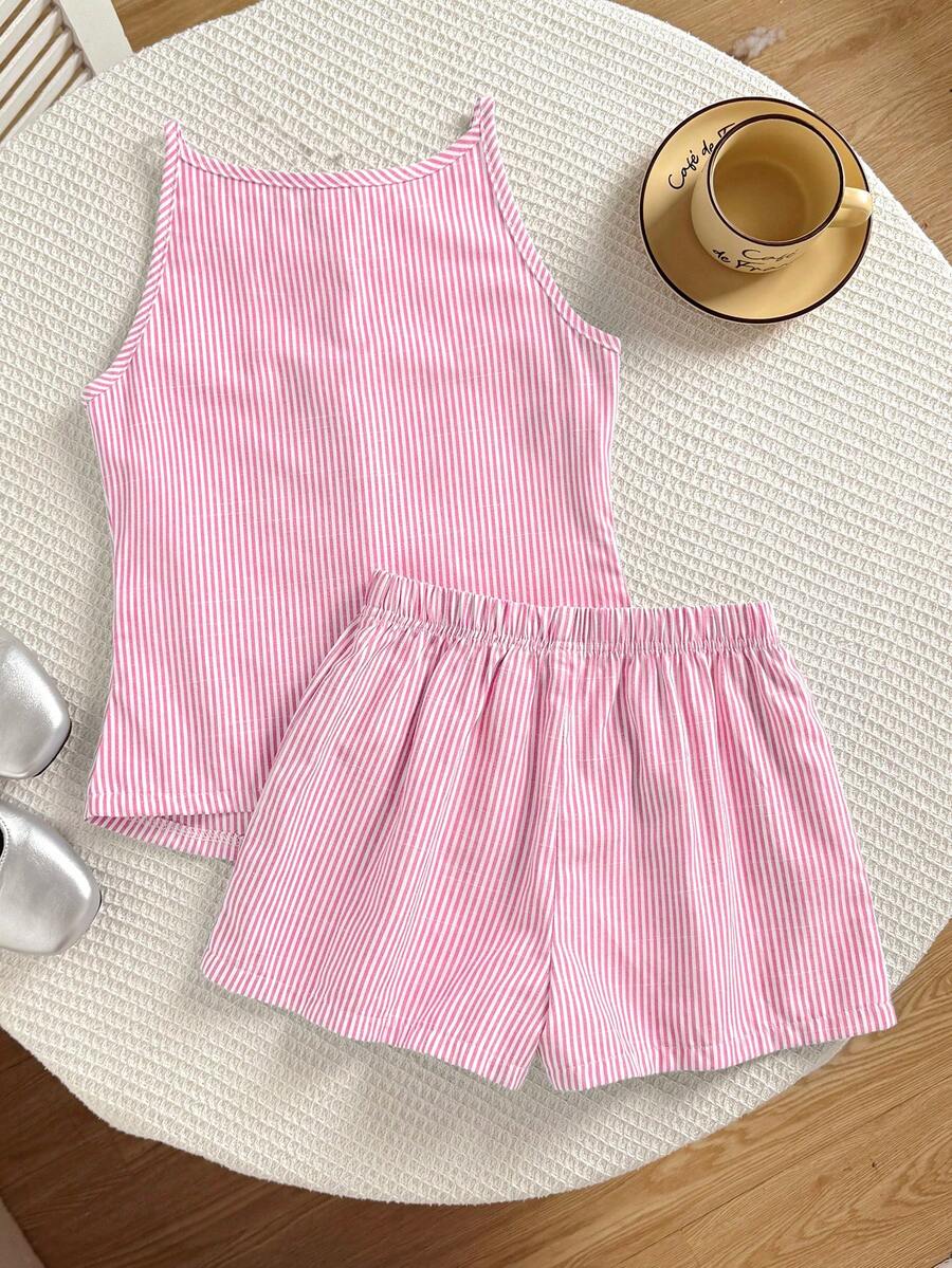 Tween girls apricot striped knit camisole top with button front paired with matching casual elastic waist shorts
