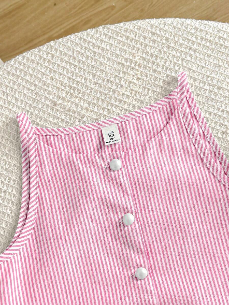 Tween girls apricot striped knit camisole top with button front paired with matching casual elastic waist shorts