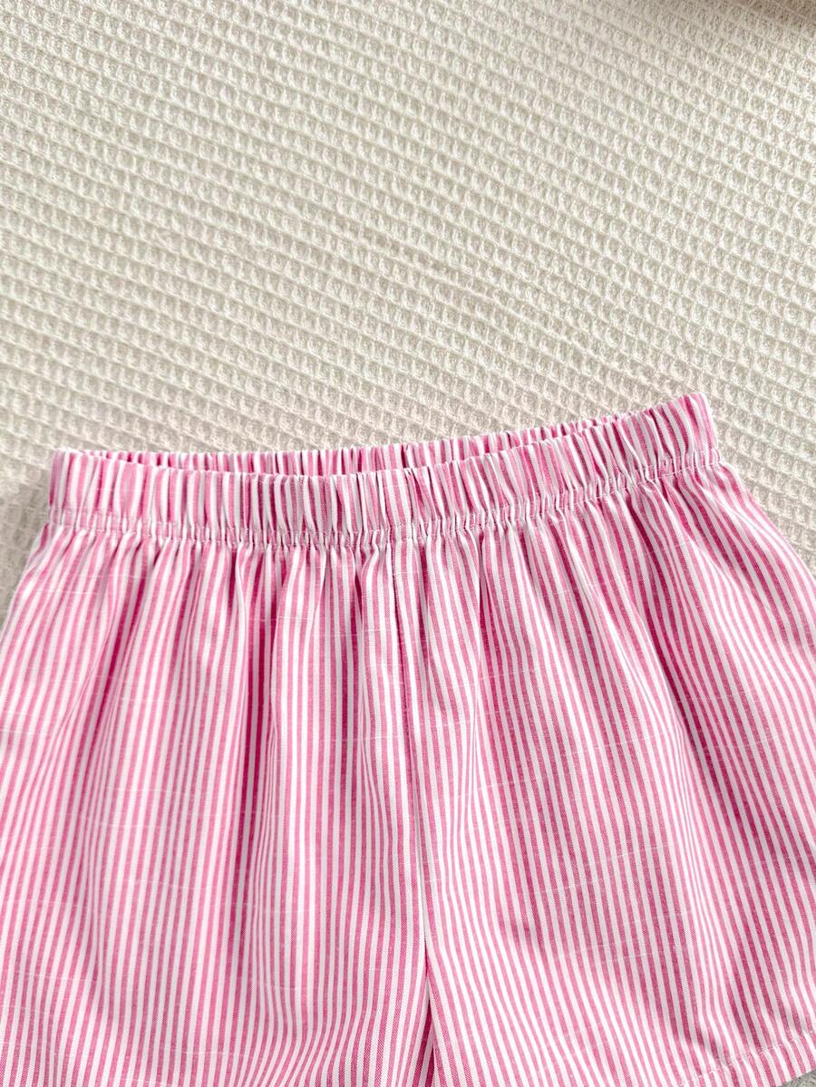 Tween girls apricot striped knit camisole top with button front paired with matching casual elastic waist shorts