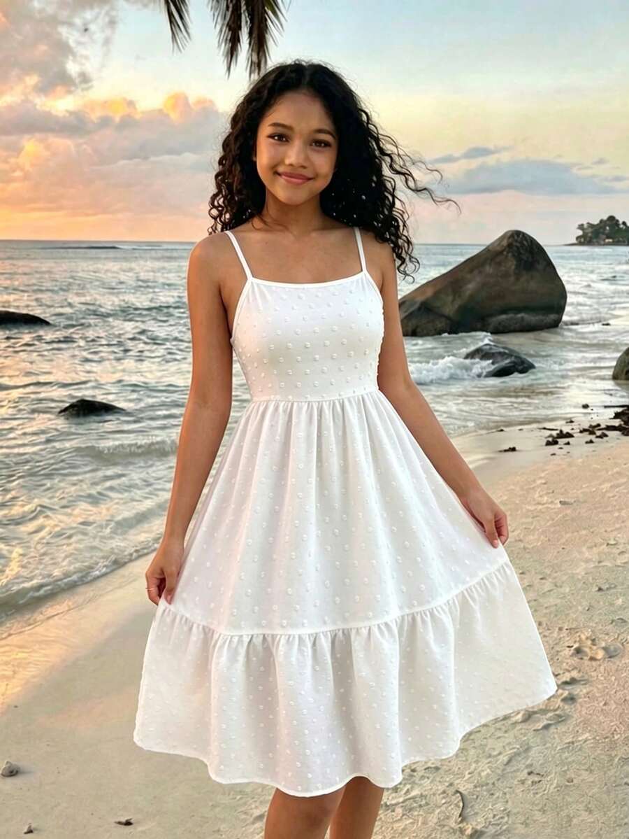Tween girl blue plant print spaghetti strap cami dress with shirred high waist and flounce ruffled hem