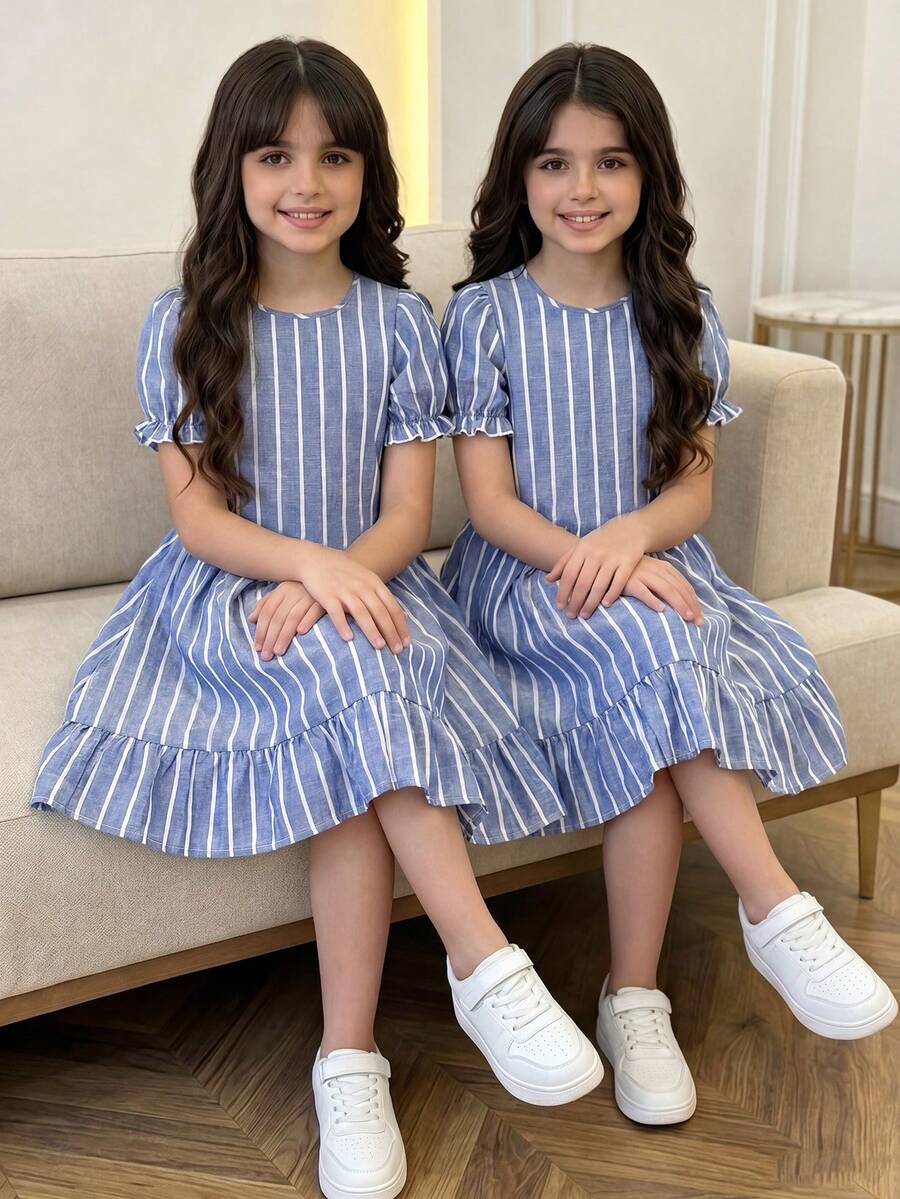 Tween girl blue and white striped A-line casual dress featuring round neck, puff short sleeves, high waist, and flounce ruffle hem.