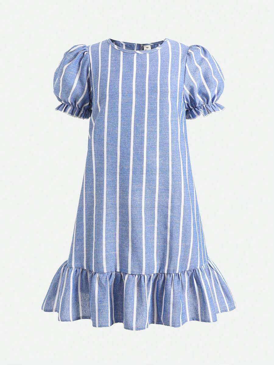 Tween girl blue and white striped A-line casual dress featuring round neck, puff short sleeves, high waist, and flounce ruffle hem.