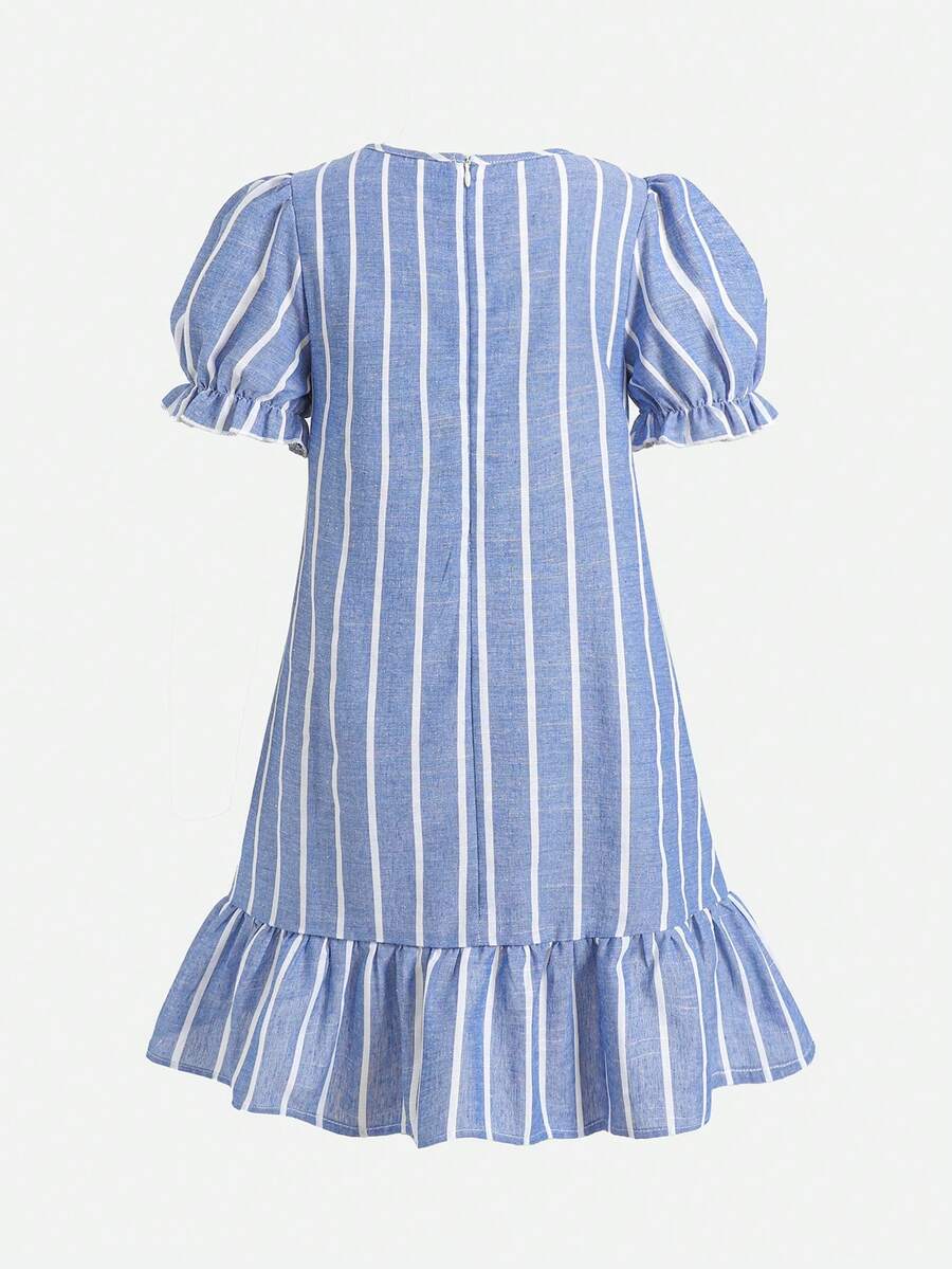 Tween girl blue and white striped A-line casual dress featuring round neck, puff short sleeves, high waist, and flounce ruffle hem.