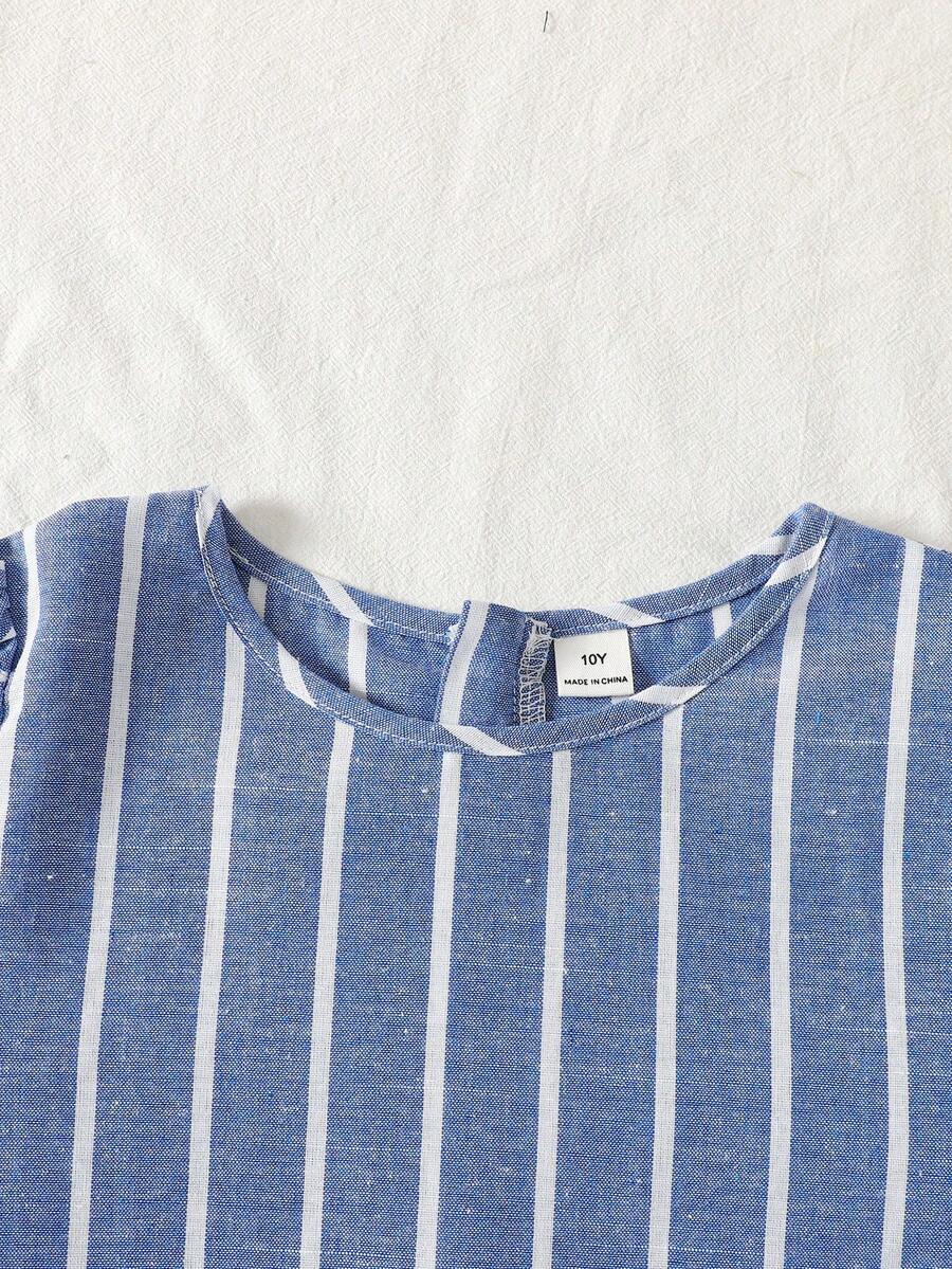 Tween girl blue and white striped A-line casual dress featuring round neck, puff short sleeves, high waist, and flounce ruffle hem.