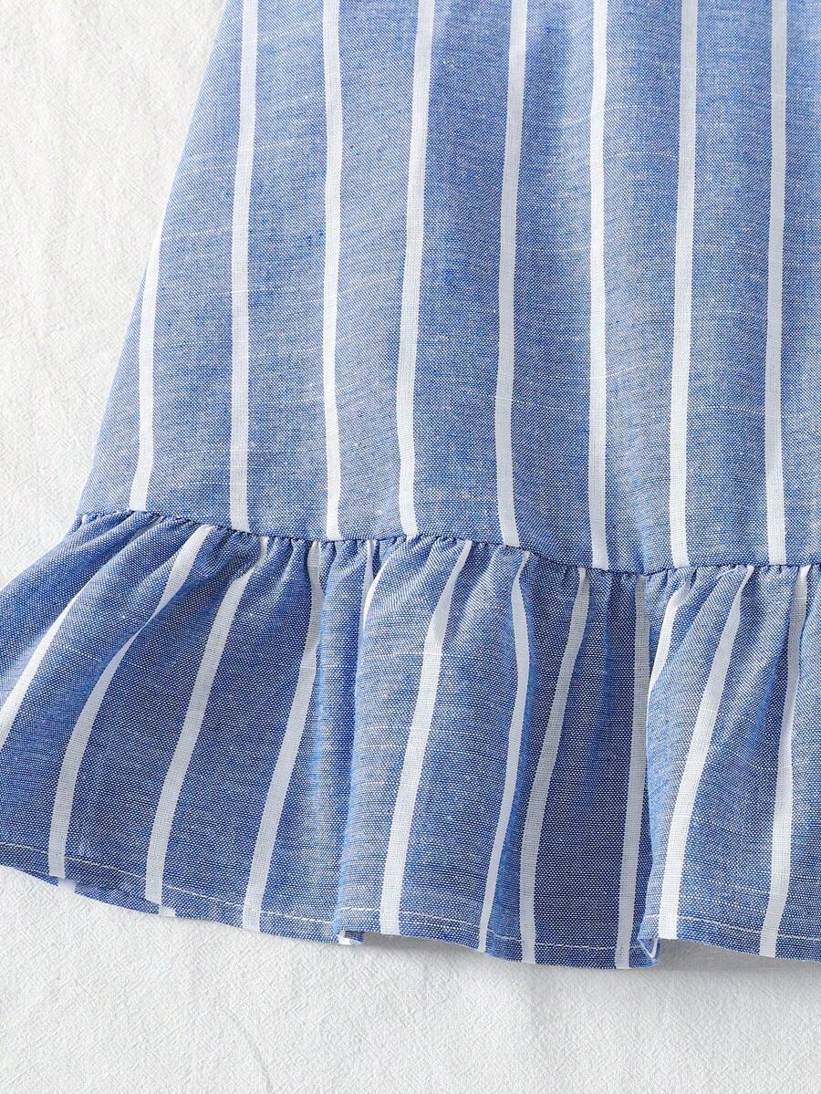 Tween girl blue and white striped A-line casual dress featuring round neck, puff short sleeves, high waist, and flounce ruffle hem.