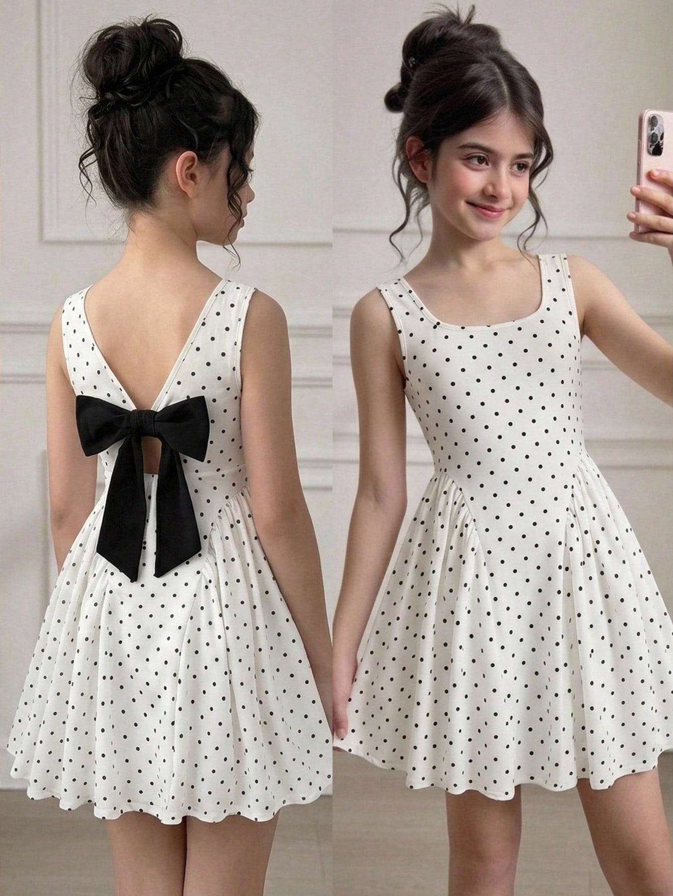 Black and white polka dot sleeveless A-line dress for tween girls featuring a scoop neck, high waist, and flared hem.