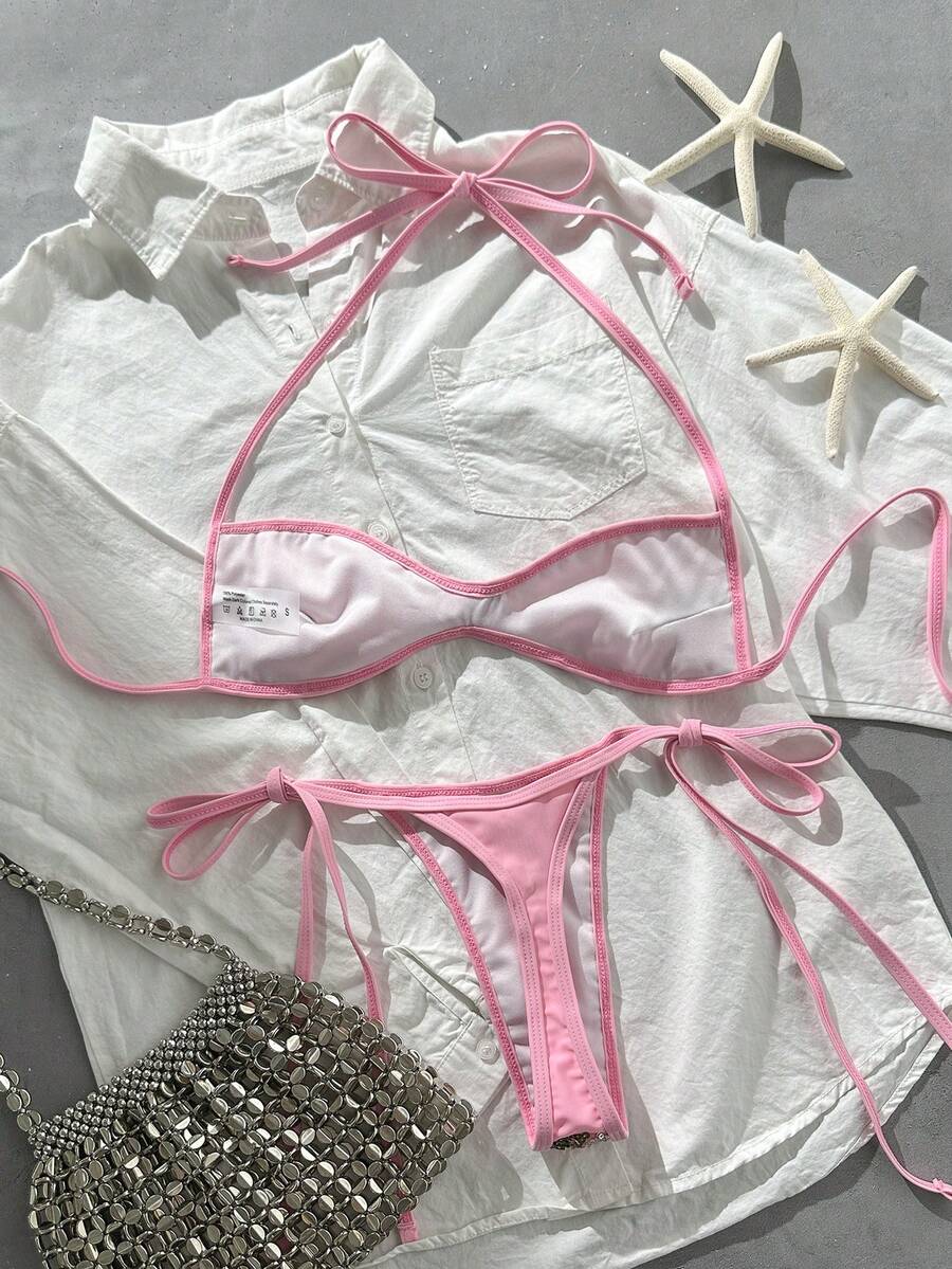 Apricot 2-piece sequin textured halter bikini set featuring a wireless top with lace-up backless ties and matching low-waist side-tie thong bottoms.